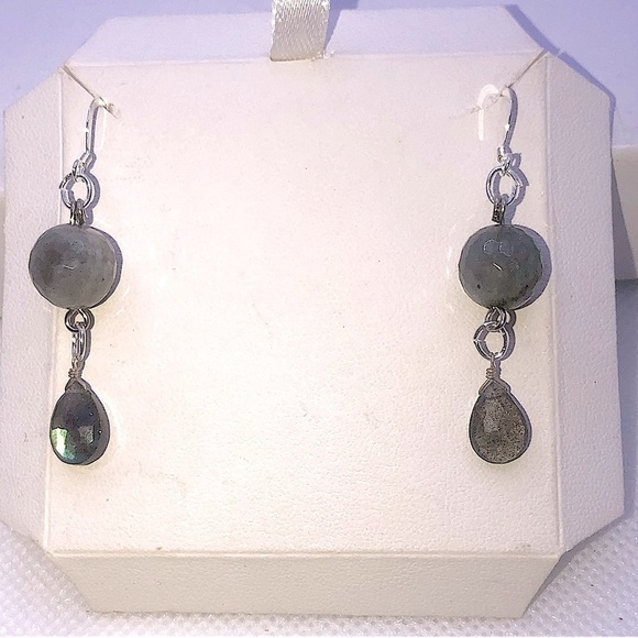 STERLING & Labradorite Facet Cut & Briolette Drop Earrings 1.9” - Picture 1 of 5